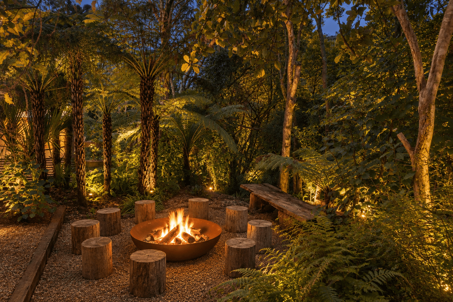Conversational fire pit at dusk surrounded by seating