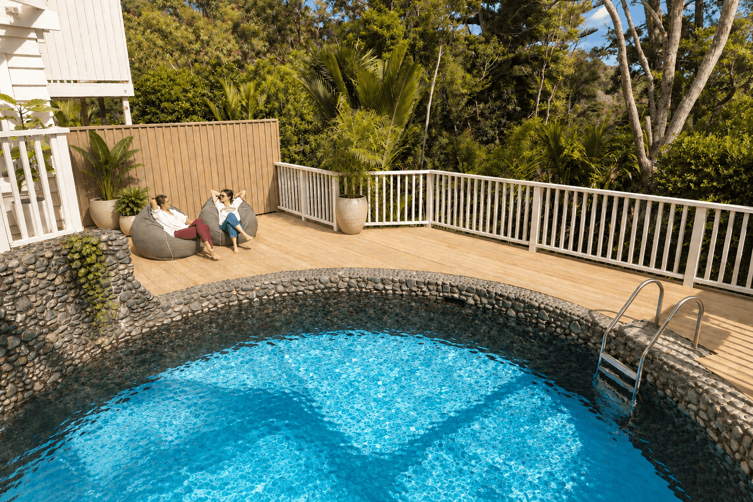 Sauna on the private wellness deck surrounded by native bush